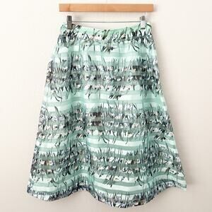 MAEVE ANTHROPOLOGIE | Thick Stripe Overlay Floral Mint Green Midi Skirt | Small